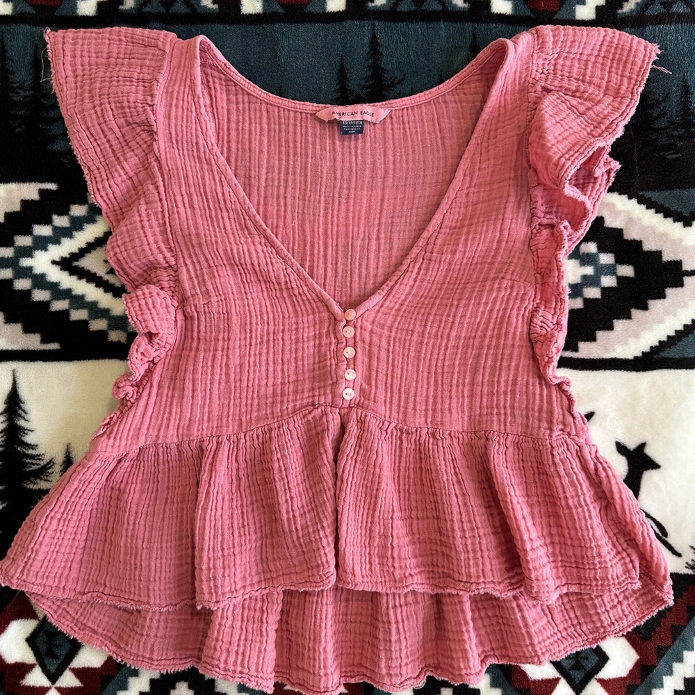 American Eagle Outfitters Pink Peplum Blouse with Ruffled Cap Sleeves